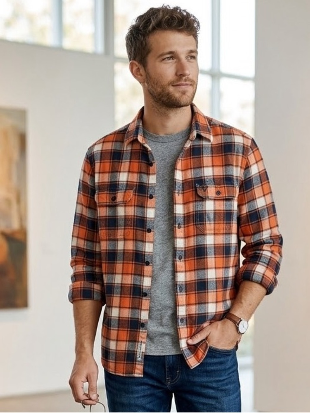American Eagle Outfitters Orange and Navy Plaid Button-Up Shirt - Men